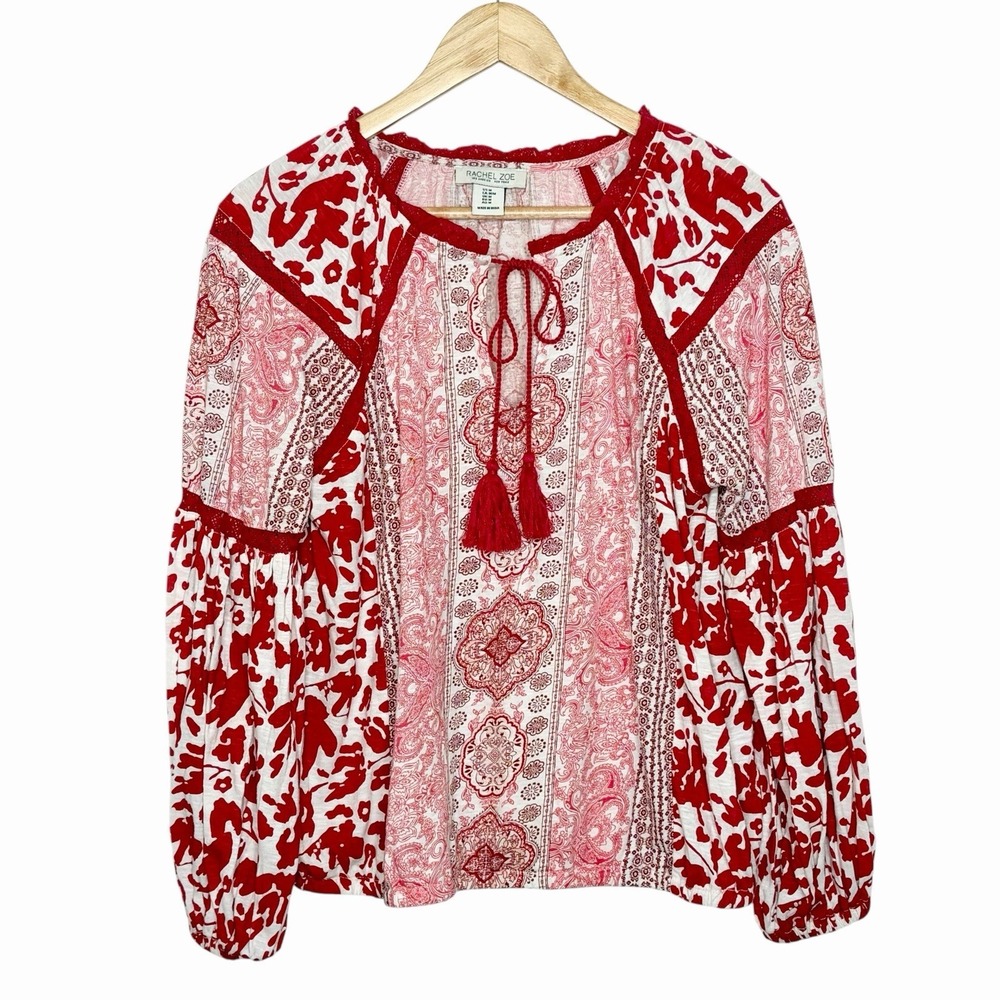 Rachel Zoe Boho Tasseled Top Red Womens Size M Crochet Hippie Festival Peasant